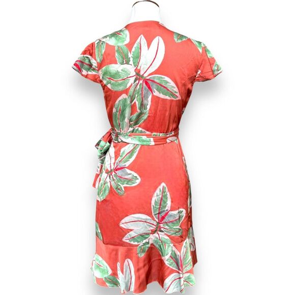 Hutch Womens Britton Wrap Mini Dress Orange Floral Tie Stretch Lined Tropical M - Picture 3 of 10